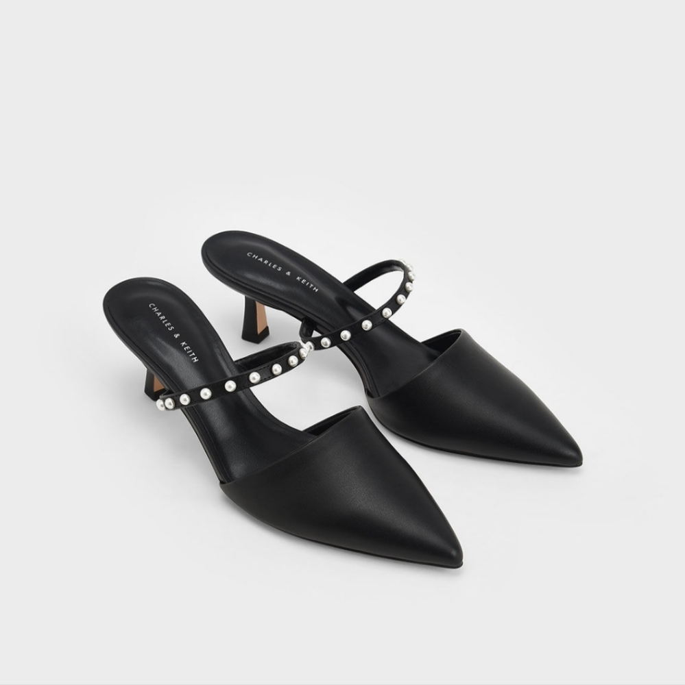 Pearl-Embellished Kitten-Heel Mules - Black